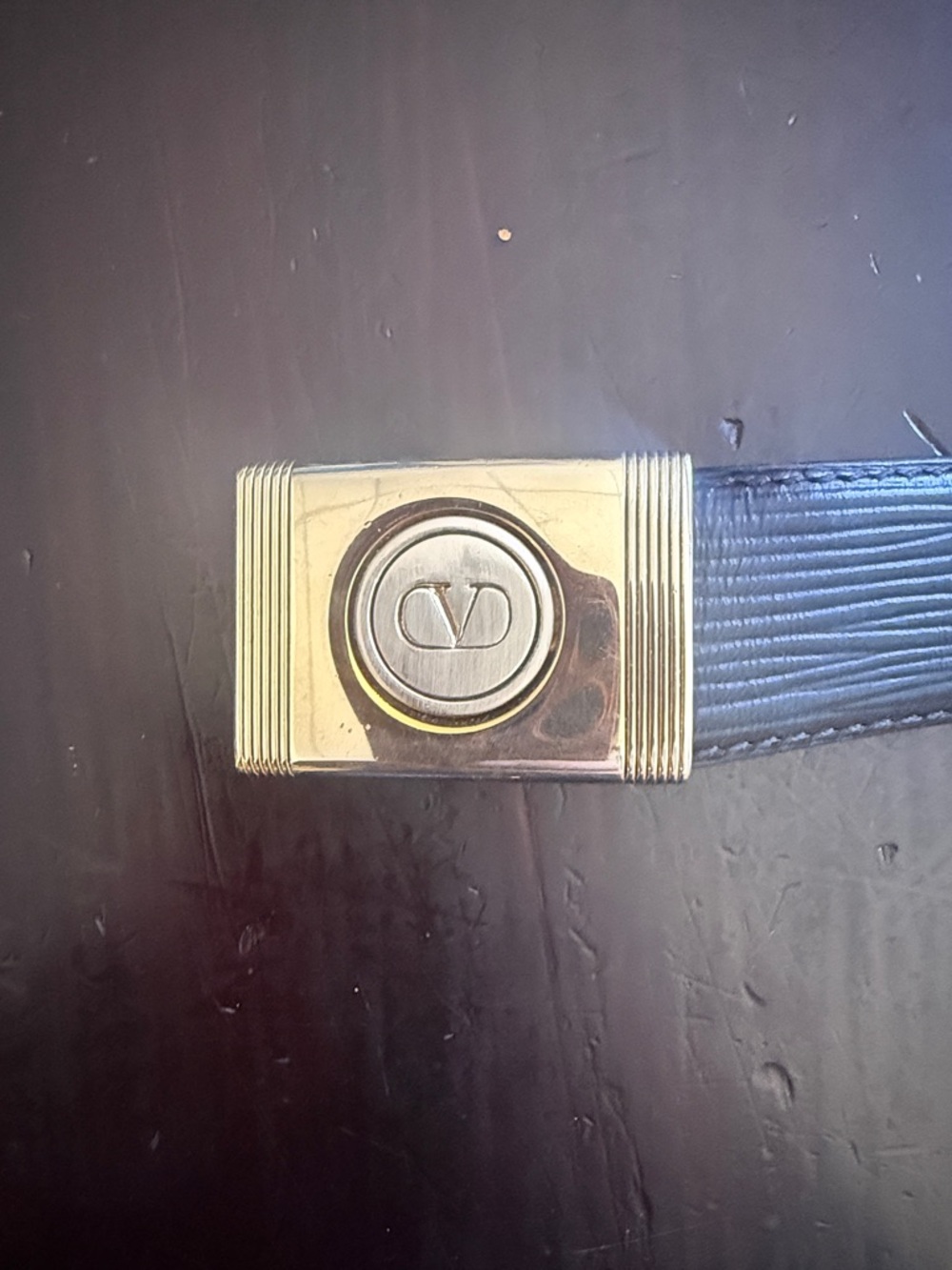 Valentino Vintage Men’s Black Leather Belt Gold-tone Signature Buckle size 85/34